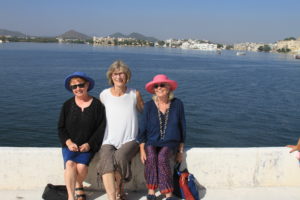 Carol, Barb and Maggie with the exclusive hotel in the background. Hotel was used in the 007 movie Octopussy